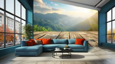 wooden table top with the mountain landscape Wall mural