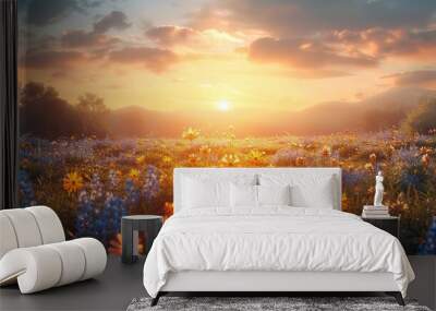 World environment day concept: Calm of country meadow sunrise landscape background. Wall mural