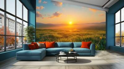 World environment day concept: Calm of country meadow sunrise landscape background. Wall mural