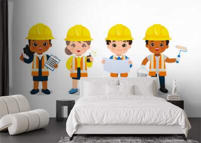 Children occupation clip art. Team of engineer and builder. Flat vector character cartoon design Wall mural