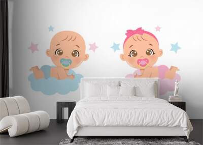 Cute baby boy and girl gender reveal clipart. Flat vector cartoon design Wall mural