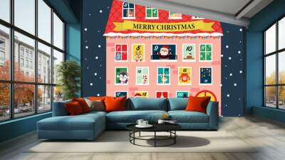 Cute Christmas house style advent calendar. Flat vector cartoon design Wall mural