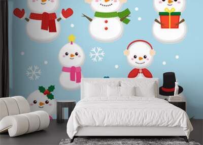 Cute Christmas snowman character collection set. Flat vector cartoon design Wall mural