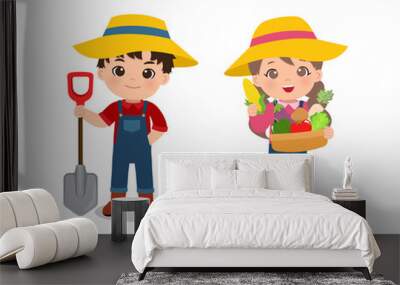 Cute farmer boy and girl with fresh vegetables clipart. Flat vector cartoon design Wall mural