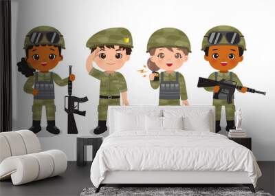 Group of cute soldier officer in camouflage uniform. Flat vector cartoon design Wall mural