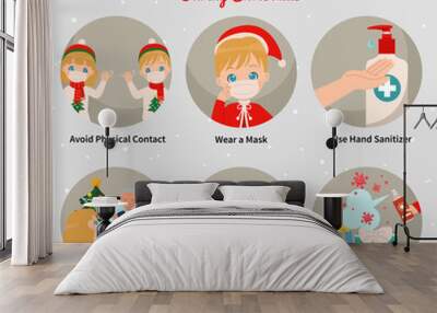 New normal infographic tips during Christmas celebration. Corona virus pandemic safety awareness. Flat vector illustration. Wall mural