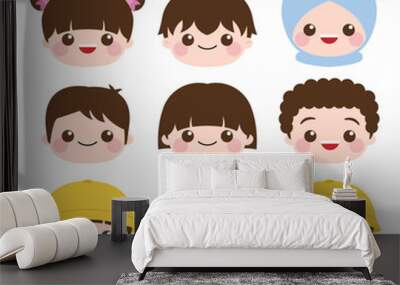 Set of cute children head cartoon style Wall mural