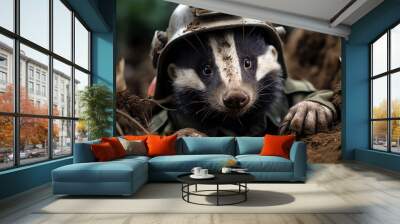 cute badger wearing a military helmet and uniform Wall mural