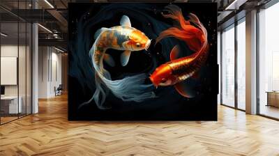 Beauty koi fish swimming on black background circular yin and yang Wall mural