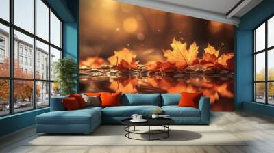 web banner design for autumn season and end year activity with red and yellow maple leaves with soft focus light and bokeh background Wall mural