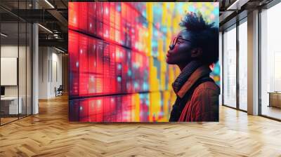 person woman is standing in front of a wall of colorful lights Wall mural