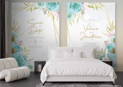 Elegant wedding card design with blue flowers Wall mural