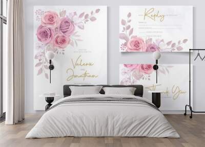 Set of wedding card design with pink roses Wall mural