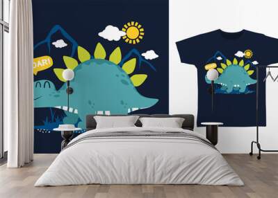 Cute dinosaur cartoon tshirt and apparel designs Wall mural