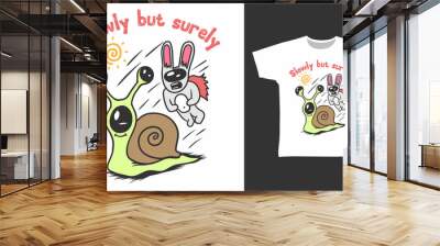 Cute snail and rabbit cartoon t shirt designs Wall mural