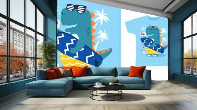 Dinosaur with surfboard cartoon tshirt design concept Wall mural