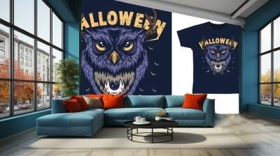 Halloween owl with thorn deer t shirt design Wall mural