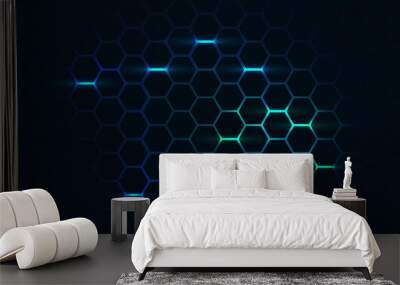 Dark hexagon abstract technology background with blue and green colored bright flashes under hexagon. Hexagonal gaming vector abstract tech background. Wall mural