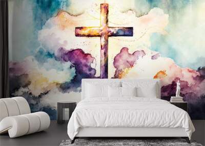 Colorful watercolor painting of a cross between the clouds in the sky illuminated by God. Christian and catholic religion painting artwork symbol. Easter, Bible and Faith concepts. Generative AI. Wall mural