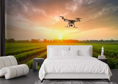 Drone flying over agricultural fields management for observation, growth check or fertilization. Agricultural and food engineering, agronomist innovation and crop technology concepts. Generative AI.. Wall mural