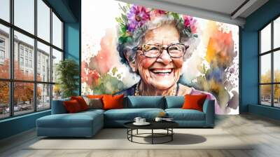 Watercolor portrait of a old woman smiling with colorful flowers blooming background. Cute happy caucasian grandmother with a beautiful smile. Spring vibes. Mother's and Woman's Day. Generative AI.  Wall mural