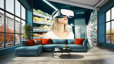 Woman with virtual reality glasses headset shopping at the supermarket. Female with 3D VR goggles. New modern technologies of integrated reality. Cyberspace and metaverse. Generative AI. Wall mural