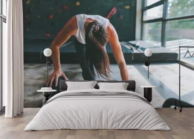 An athletic young woman training with a medicine ball at the gym. Wall mural