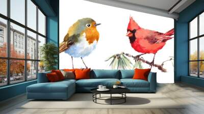 Northern Cardinal and Robin Two Birds Watercolor Hand Painted Illustration Set isolated on white background Wall mural