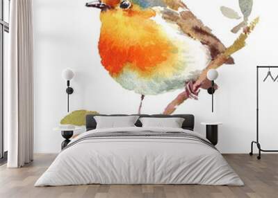 Watercolor Bird Robin on the Branch with Berries Hand Drawn Fall Illustration isolated on white background Wall mural