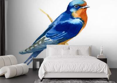 Watercolor Blue Bird Barn Swallow on the Branch Hand Drawn Illustration isolated on white background Wall mural