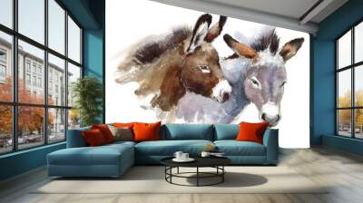 Watercolor Farm Animals Donkeys Couple Hand Drawn Illustration isolated on white background Wall mural