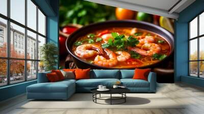 Close up of Bowl of Tom Yum Goong, spicy shrimp soup, Thailand food. Generative AI Wall mural