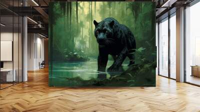 Illustration of black panther or melanistic leopard in the jungle Generative Ai Wall mural