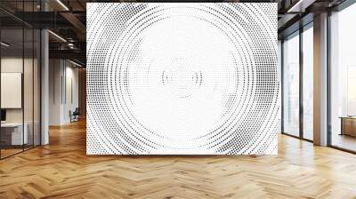 Radial halftone gradient background. Dotted concentric texture with fading effect. Black and white circle shade wallpaper. Grunge rough vector. Monochrome backdrop Wall mural