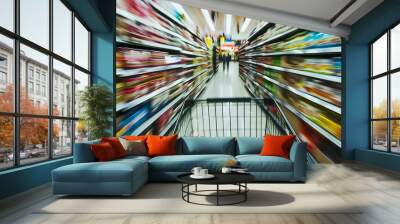 a modern grocery store from the perspective of a shopping cart racing down an aisle Wall mural