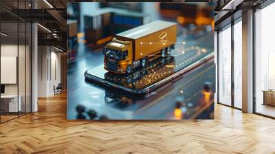 a Truck and Boxes on a Smartphone Screen with a Location Pin, integration of technology in modern logistics concept, Technology in Modern Logistics  Wall mural