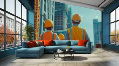 Banner civil construction engineer teams meeting on construction site. Partner team engineering foreman teamwork consult together. Panorama group engineer office meeting partnership with copy space. Wall mural