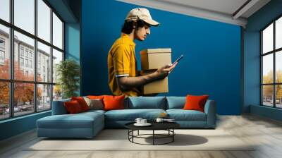 Courier with Packages and Smartphone Wall mural