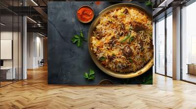 Mutton Biryani served in a golden dish isolated on dark background side view indian food top down view Wall mural