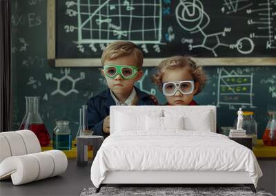 two young children dressed as scientists, conducting experiments in a vibrant and well-equipped laboratory Wall mural