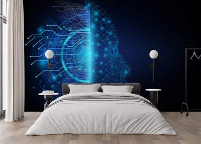 Abstract futuristic on the two sides between a digital communication of neural network and an artificial intelligence robotic face. Wall mural