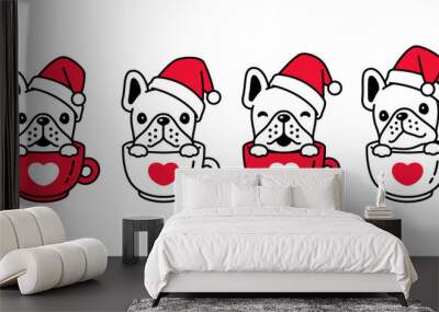 dog vector Christmas french bulldog Santa Claus hat icon coffee cup puppy pet character cartoon symbol scarf doodle illustration design Wall mural