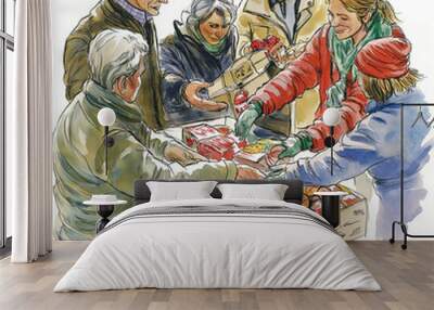 A group of people in their thirties and older, helping an elderly person with grocery shopping at the market stall. They hold boxes filled with products from various vendors Wall mural