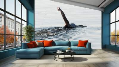 Female swimming in the open water with a wetsuite and bathing cap Wall mural