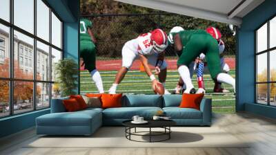 Horizontal view of two football teams lined up in the shotgun ready to start a play Wall mural