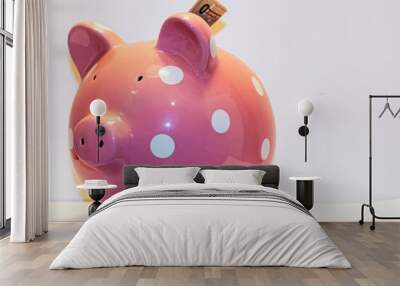 Pink piggy bank with white polka dots and dollar bills sticking out on top Wall mural