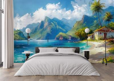 A small house on a tropical island, a beautiful view of the bay with yachts,oil painting style landscape Wall mural