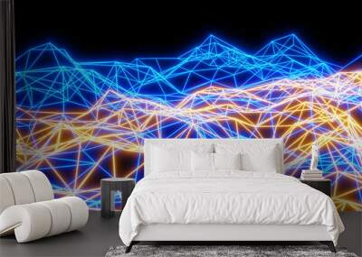 Abstract technology background with neon glowing lines on black, orange blue striped sci fi  3D render background. Wall mural