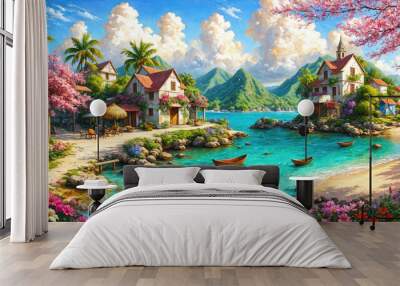 Atmospheric landscape of a small town by the caribbean sea, oil painting illustration Wall mural