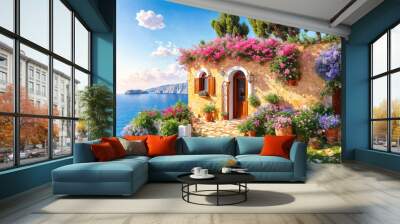 Beautiful house surrounded by flowers, mediterranean architecture oil painting on canvas. Wall mural